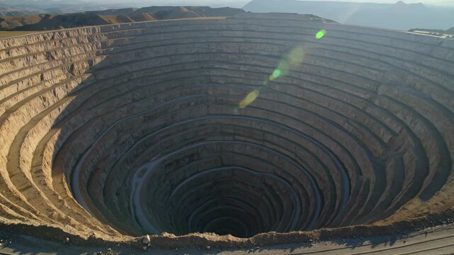 Aerial view of massive open-pit mine with terraced levels, mining industry