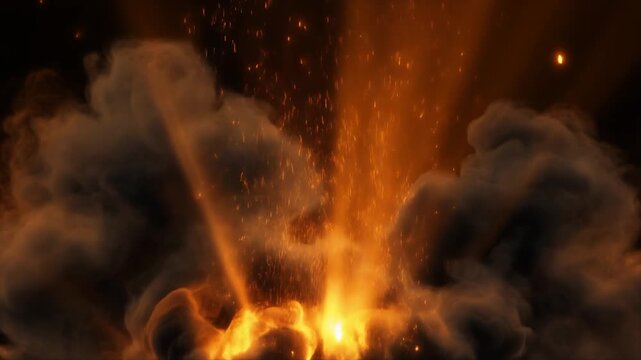 Explosive Volcanic Eruption with Lava and Smoke Clouds in Dark Environment, Dramatic Aerial View Capturing Volcanic Activity