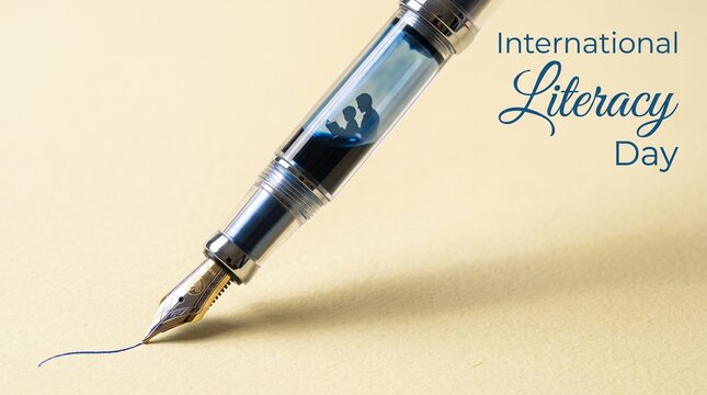  Cream paper featuring reader silhouette inside blue ink reservoir alongside International Literacy Day calligraphy text celebrating global education and knowledge empowerment