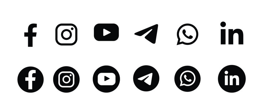 social media logo icon set illustrative editorial. Facebook Instagram YouTube Telegram WhatsApp LinkedIn symbols. black outline and filled circle badge versions. minimal monochrome vector collection. 
