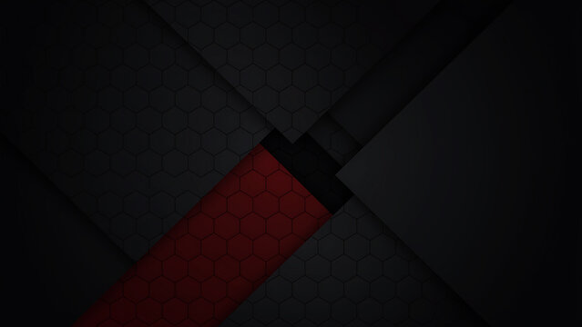 Abstract dark background with geometric hexagon pattern and a bold red diagonal stripe element