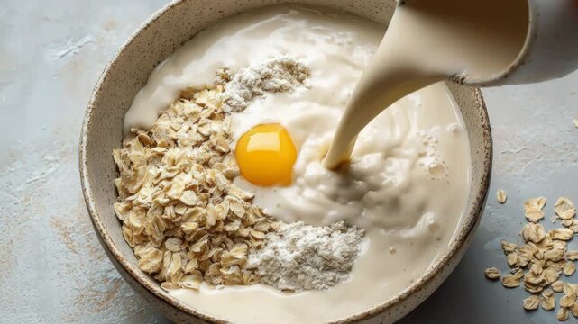 Someone is pouring oat milk into a bowl with flour, rolled oats, and an egg to make dough