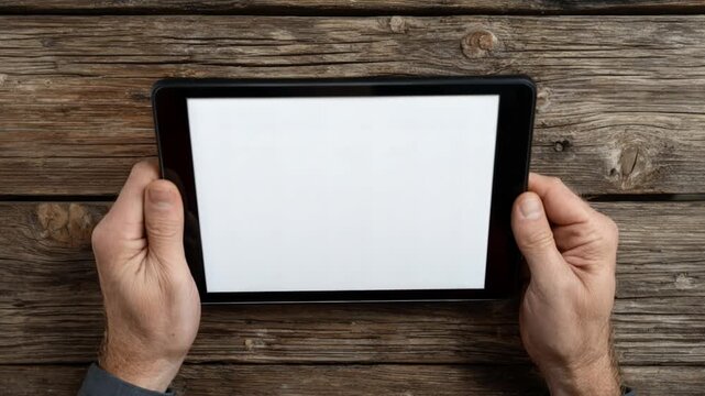 Male hands holding a digital tablet with a blank white screen, pov shot on a wooden table