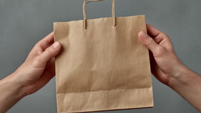 Man's hands presenting an empty brown paper shopping bag on a solid gray background