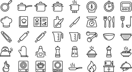 Naklejka premium Culinary Equipment and Kitchenware Line Icon Set Featuring Home Cooking Tools Chef Hats Recipe Books Pots Pans Measuring Cups and Food Preparation Symbols