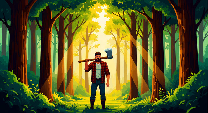 Bearded lumberjack standing in a lush forest with an axe over his shoulder. Vector illustration of a woodsman surrounded by tall trees and warm sunbeams. Rugged outdoor lifestyle concept for nature.