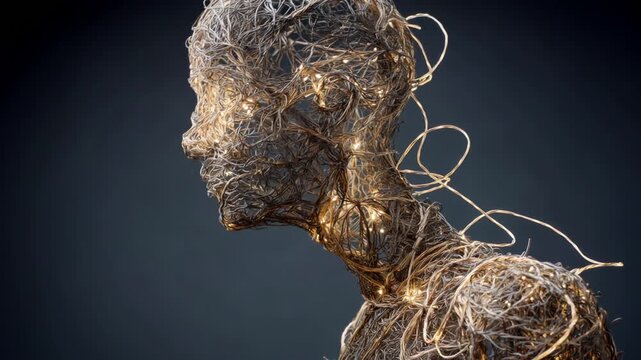 Abstract human figure made of glowing tangled wires slowly rotating on a dark background