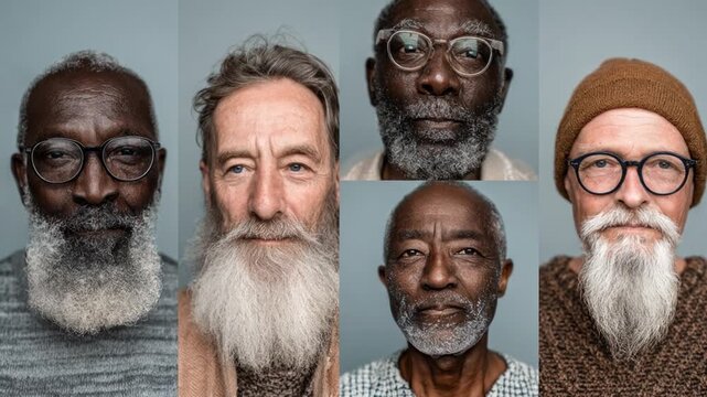 Diverse group of multiracial senior men with gray beards changing expressions from smiling to serious