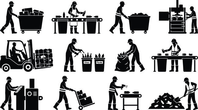 Workers handling waste and recycling process