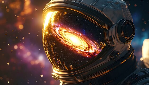 An astronaut's helmet reflects a bright galaxy against a stellar, colorful cosmos