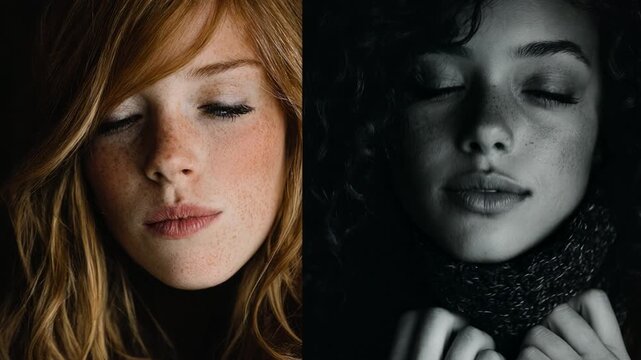 Split screen close-up of two beautiful young women with freckles slowly closing their eyes