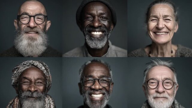 Authentic portraits of happy and multiethnic senior people laughing against a gray background