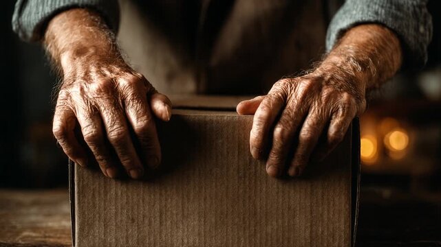 Older man's wrinkled hands carefully closing a brown cardboard box on a wooden table