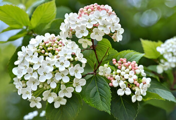 Obraz premium Close-up of blooming viburnum flowers with green leaves
