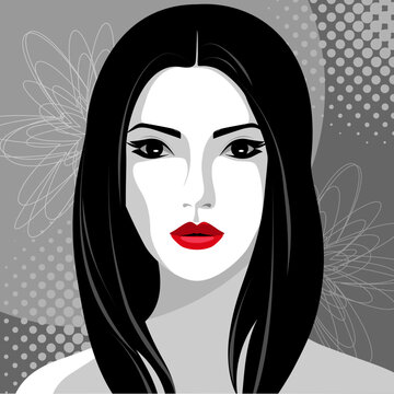 1603_Vector portrait of an elegant woman with long black hair, pale skin, and bright red lips on gray halftone background with stylized flowers, front view