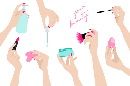 1602_Beauty routine &ndash; hands holding skincare and makeup products isolated on white background, minimalist colorful vector illustration