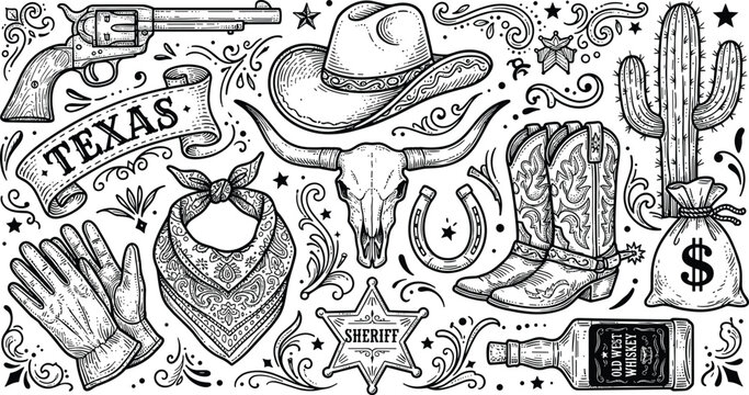 Vintage wild west cowboy vector bundle featuring Texas banner longhorn skull revolver hat boots sheriff badge and cactus doodles