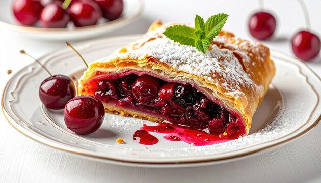 Cherry strudel plate: Close-up of a porcelain plate served with a tasty cherry strudel slice and fresh berries on white.