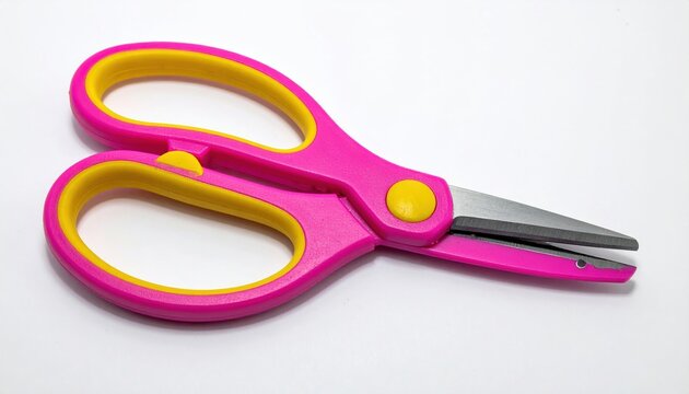 Pink safety scissors with yellow accents on white background