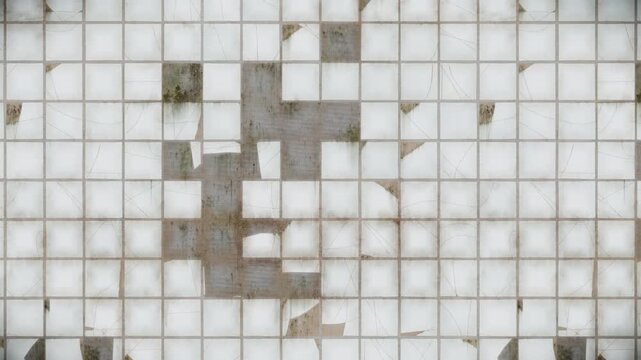 Abstract pattern background, a seamless loop of white square tiles with subtle cracks, revealing a distressed, textured brownish-grey and green surface