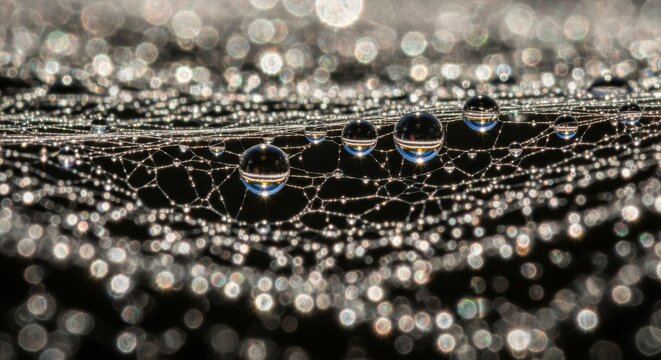 Sunlit Dew Drops on Spider Silk Macro Photography