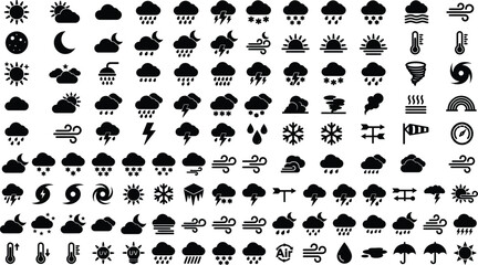 Obraz premium Weather icons set. Black climate symbols. Forecast UI design elements.