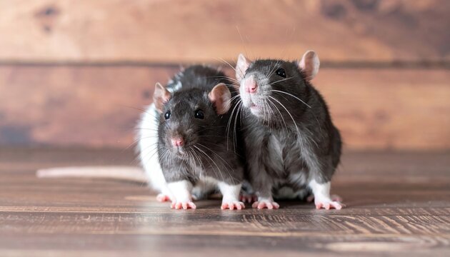 Two pet rats sitting on wooden floor