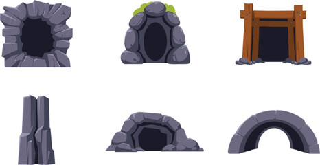 Cartoon Stone Cave Tunnel and Mine Entrance Game Vector Elements Set © Hossain