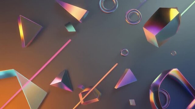 Abstract geometric shapes floating in gradient-lit space, 3D digital art, modern graphic design, smooth reflective surfaces, immersive viewpoint