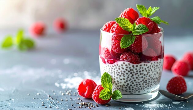 Chia seed pudding topped with fresh raspberries and mint in a glass cup