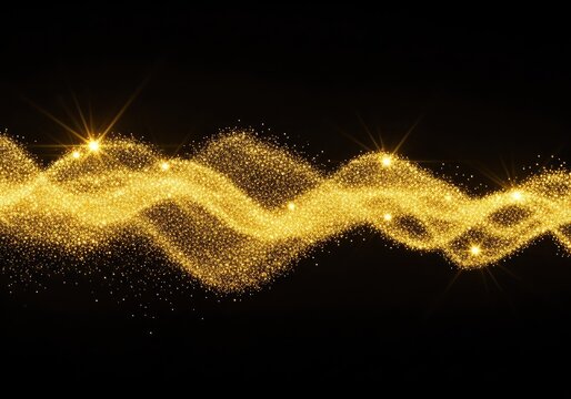 Shimmering waves of luxurious gold dust flow across the frame, featuring sparkling particles, radiant highlights, and glowing textures, luster, depth, richness