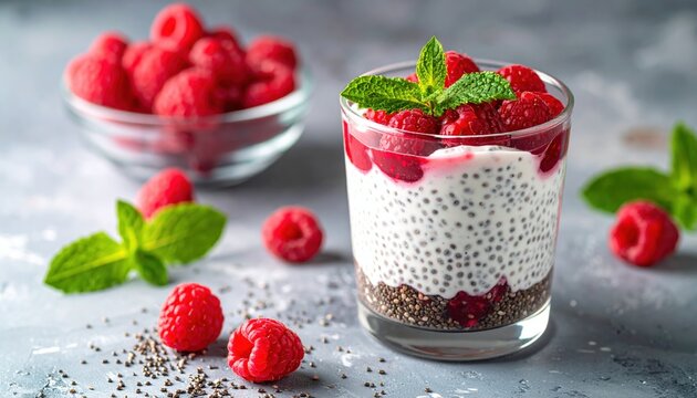 Chia seed pudding topped with fresh raspberries and mint in a glass cup
