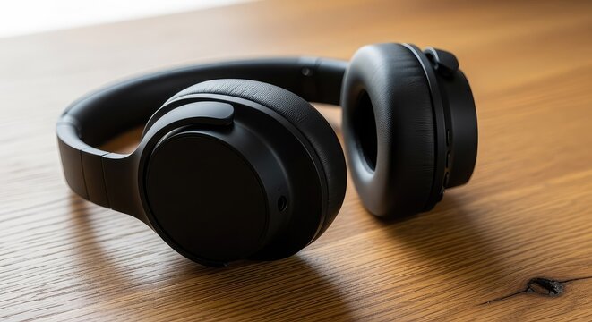 Sleek matte black wireless headphones rest elegantly on a rustic oak surface. Soft natural lighting highlights the smooth modern design, leisure, technology, sound