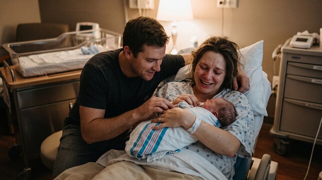 Overjoyed mother crying while holding her newborn infant as smiling father comforts them in hospital room.