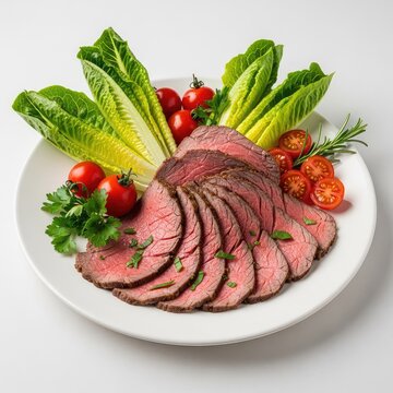 Slices of roasted beef served on a dinner plate alongside fresh romaine lettuce, cherry tomatoes, and herbs under bright studio lighting, romaine, cooked, meat