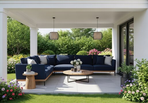 Sophisticated covered patio featuring a navy blue sectional sofa, a round timber coffee table, and stylish hanging lights in a garden, design, patio, contemporary