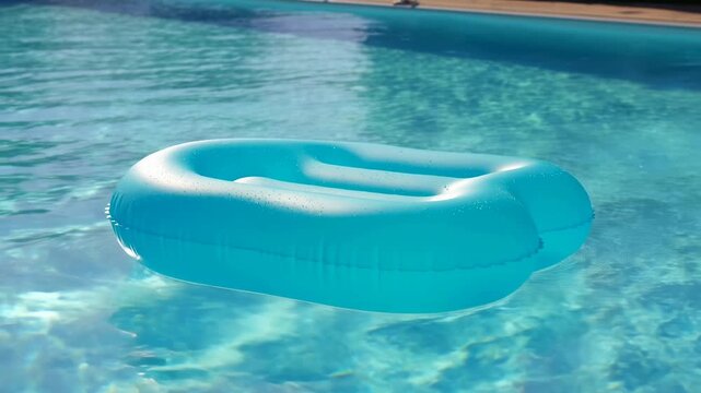relaxed inflatable ring floating in swimming pool top-down perspective summer fun activities blue and white rubber-like material clean commercial natural light background copy space.