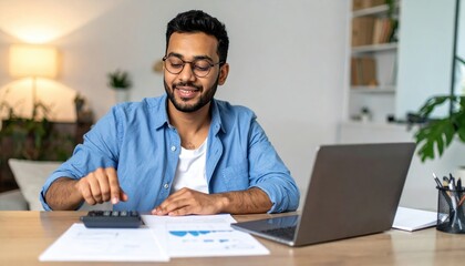 Obraz premium Person using calculator and laptop on desk with paperwork