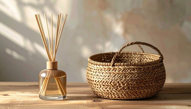 Wicker basket and reed diffuser on wooden table