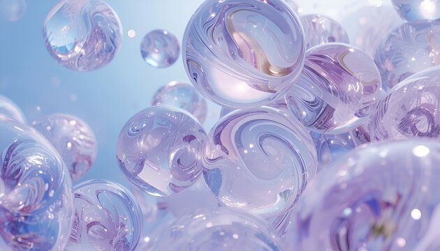 Abstract Translucent Glass Spheres with Metallic Swirls on Blue Purple Gradient Background Luxury 3D Render