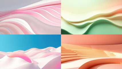 Fototapeta premium Abstract fluid shapes, soft colors, wavy patterns. Four panels display gentle curves, smooth textures, pastel tones. Minimalist design.