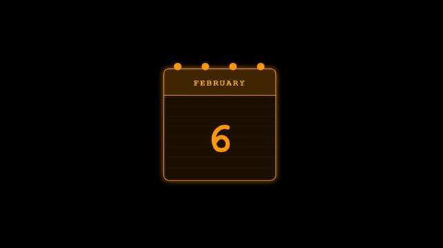 Digital calendar flip animation showing February dates with glowing orange numbers in a smooth minimalist motion graphic video clip style
