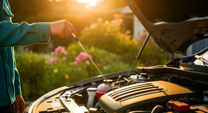 Person checking oil level with dipstick in car engine bay. Mechanic inspecting vehicle fluids outdoors during sunset. Automotive maintenance concept, ideal for car service and road safety ads.