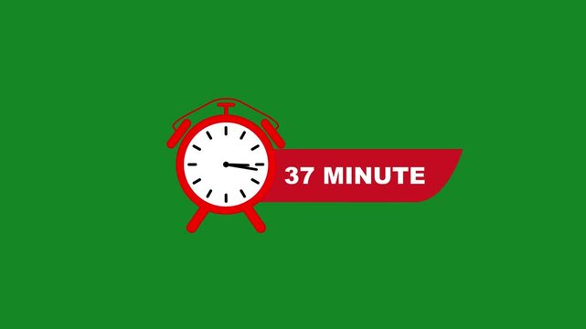Red alarm clock showing 37 minutes on green background white clock face black hands