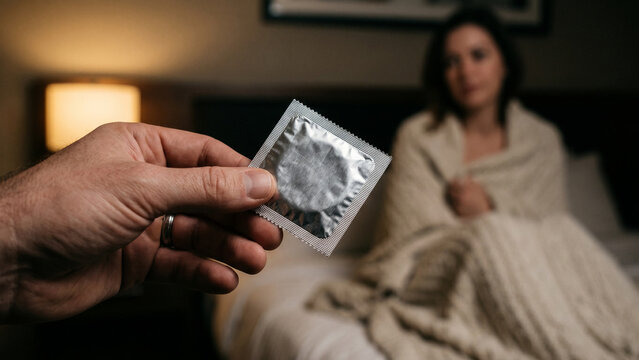 Close-up of a man's hand holding a sealed condom with a woman wrapped in a blanket waiting on the bed in the blurred background. Infidelity, secret relationship and forbidden love concept