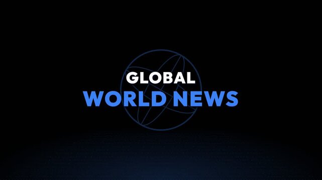 Global world news broadcast channel branding logo animation featuring a rotating digital wireframe globe on a professional dark blue background