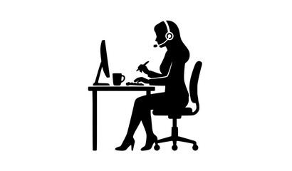 Fototapeta premium Call center woman black silhouette vector illustration for customer service support and communication concept