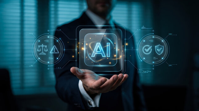 Business professional holding holographic AI interface with futuristic icons symbolizing innovation and technology