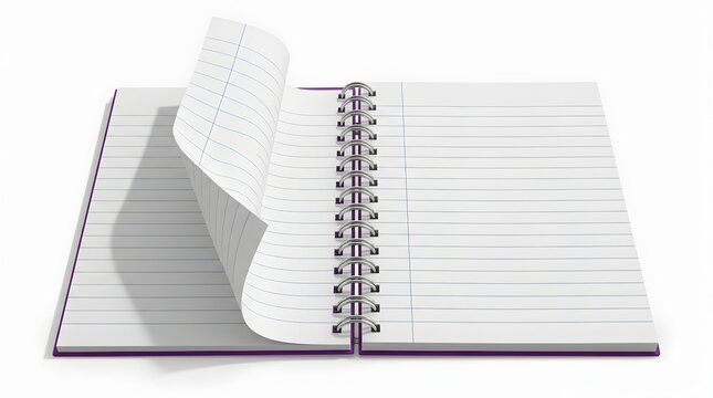 Spiral notebook with turning pages, open lined paper journal on white background, blank purple wirebound notepad for school and office supplies