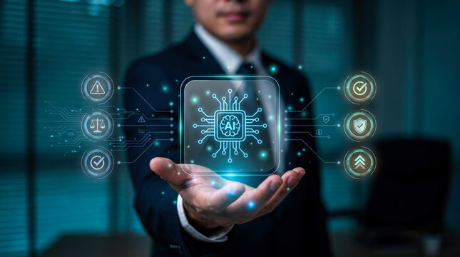 Business professional presenting holographic artificial intelligence interface with futuristic icons